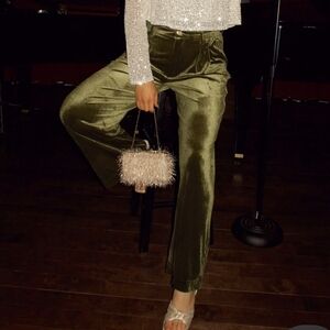 Elegant Olive Velvet Wide Leg Pants